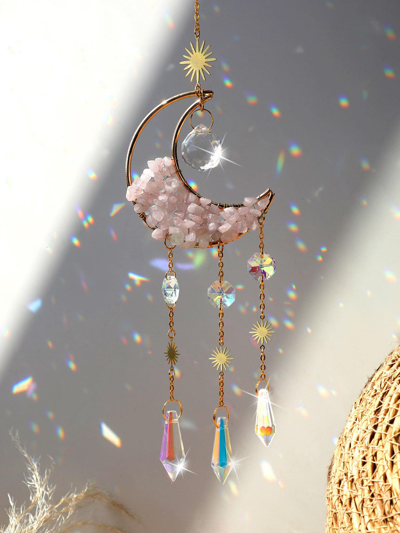 Pink Quartz Sun Catcher Crystal Star Moon Dream Catcher - Image 2