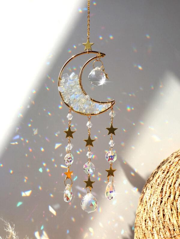 Pink Quartz Sun Catcher Crystal Star Moon Dream Catcher - Image 4