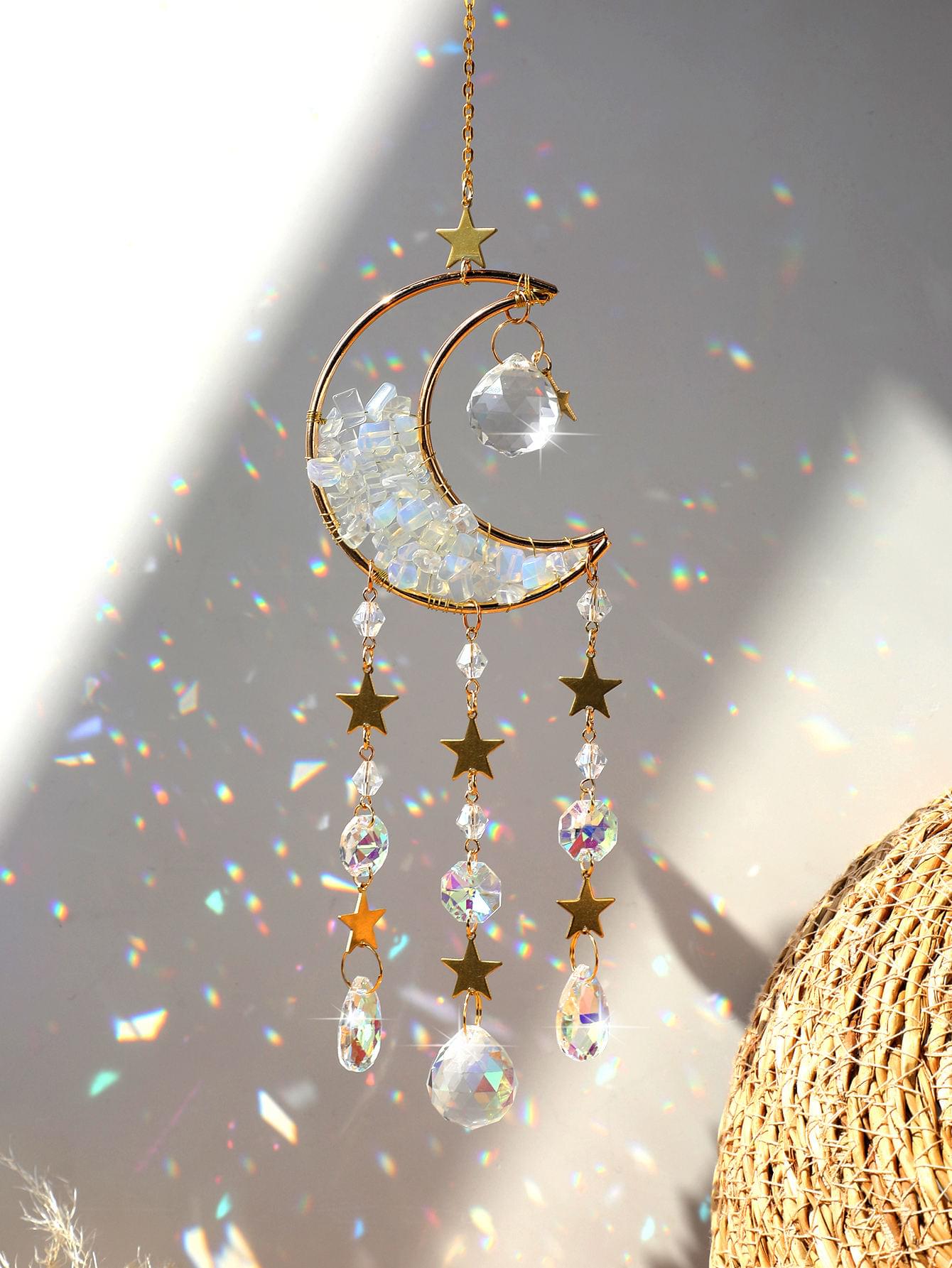 Pink Quartz Sun Catcher Crystal Star Moon Dream Catcher - Image 4