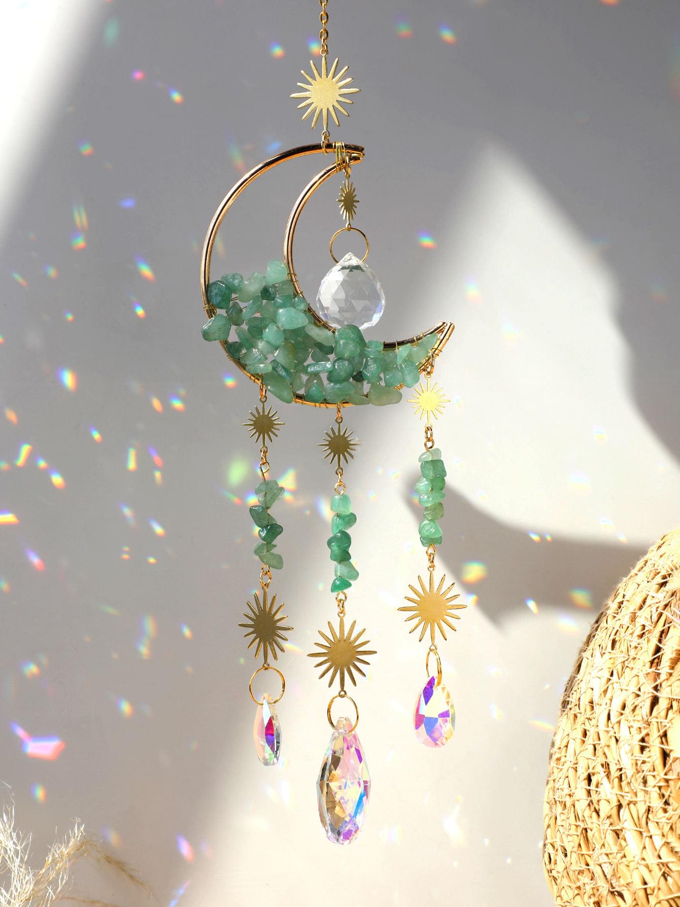 Pink Quartz Sun Catcher Crystal Star Moon Dream Catcher - Image 3