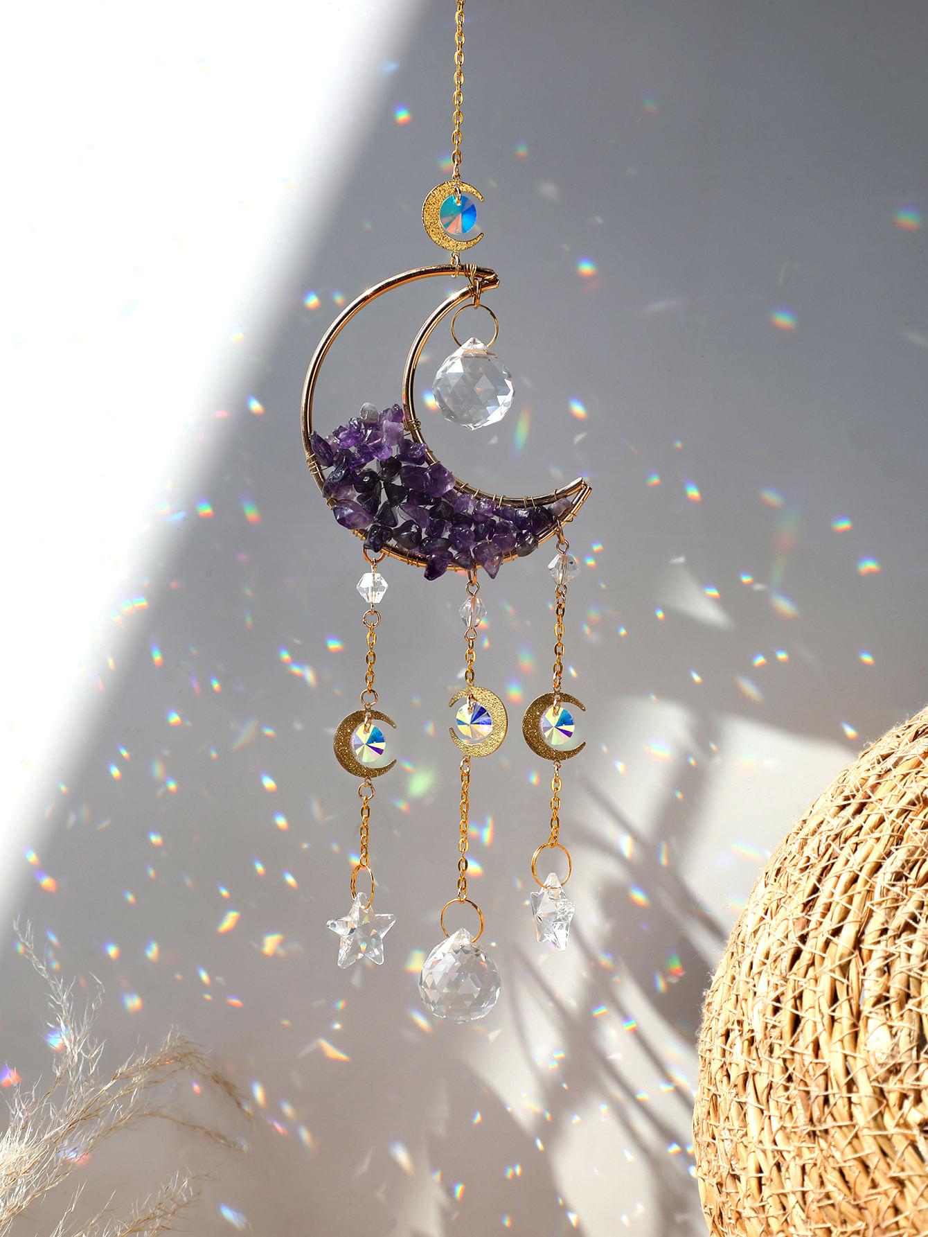 Pink Quartz Sun Catcher Crystal Star Moon Dream Catcher - Image 5